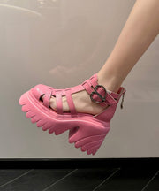 Soft Splicing Hollow Out Chunky Sandals Pink Cowhide Leather