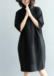 Solid Black Cotton Dress High Neck Half Sleeve