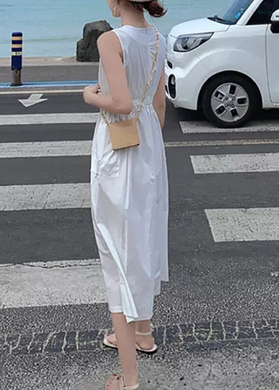 Solid Button Pocket Drawstring Show Waist Sleeveless Maxi Dress