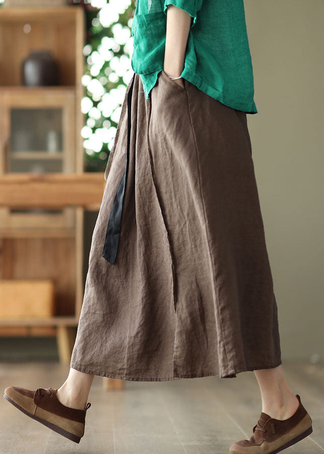 Solid Chocolate Linen A Line Skirt Side Open Pockets Summer