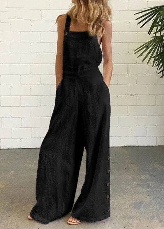 Black Wide Leg Side Button Jumpsuit Linen