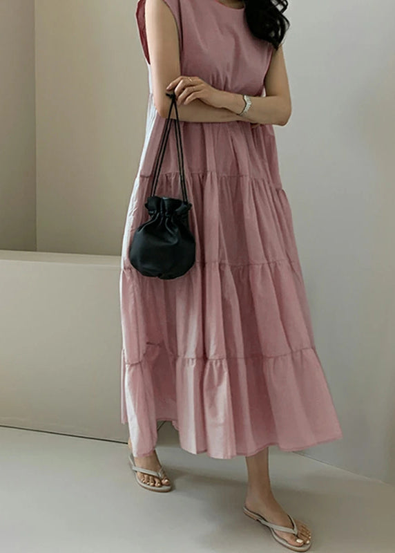 Solid Color Sleeveless V-neck Pleated Layered Lace Up Daily Casual Maxi Dress Apricot