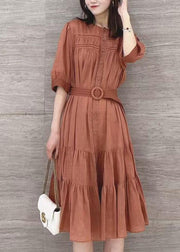 Solid Color Stand Collar Puff Sleeve Belted Pleated Shirt Maxi Dress Orange