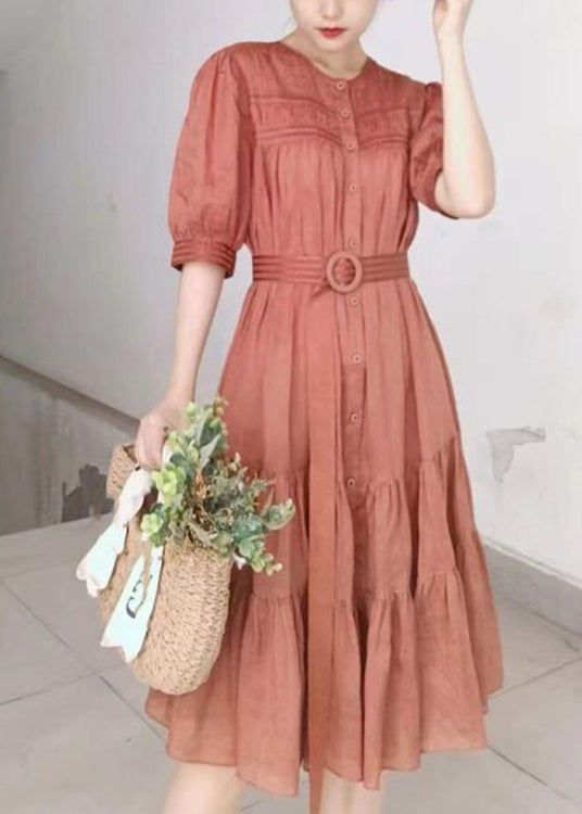 Solid Color Stand Collar Puff Sleeve Belted Pleated Shirt Maxi Dress Orange