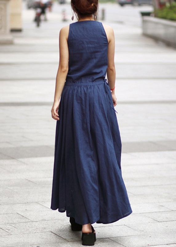 Solid Drawstring Ruched Sleeveless Casual Maxi Dress Navy