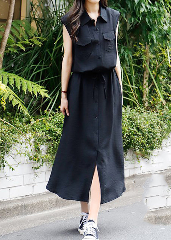 Solid Drawstring Waist Pocket Button Front Maxi Cargo Dress Black