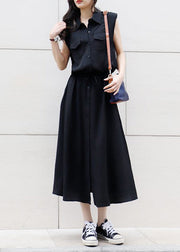 Solid Drawstring Waist Pocket Button Front Maxi Cargo Dress Black