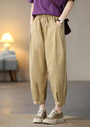 Solid Khaki Pockets Cotton Crop Pants High Waist Spring