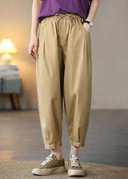 Solid Khaki Pockets Cotton Crop Pants High Waist Spring