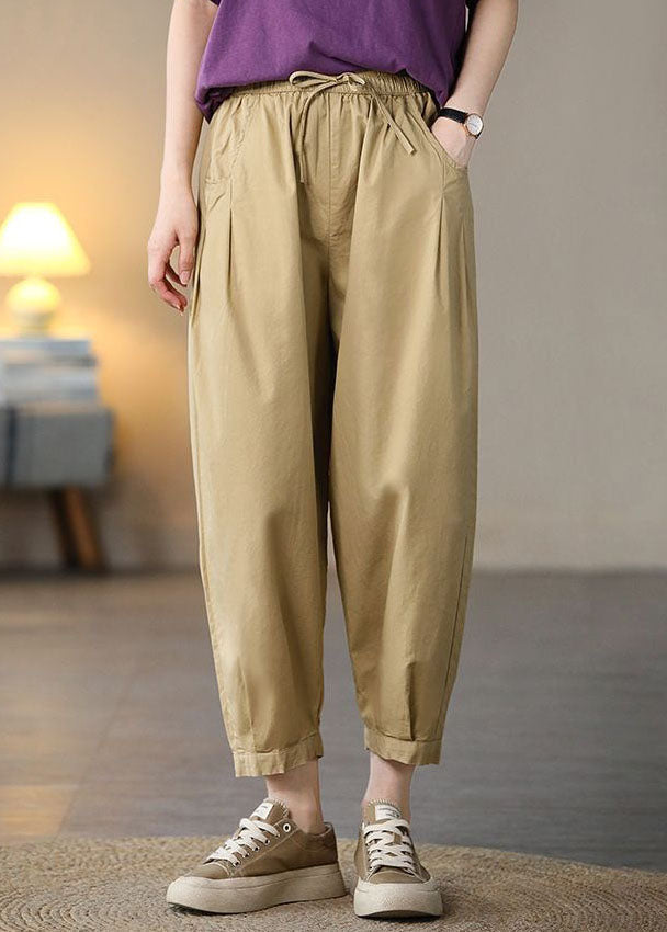 Solid Khaki Pockets Cotton Crop Pants High Waist Spring