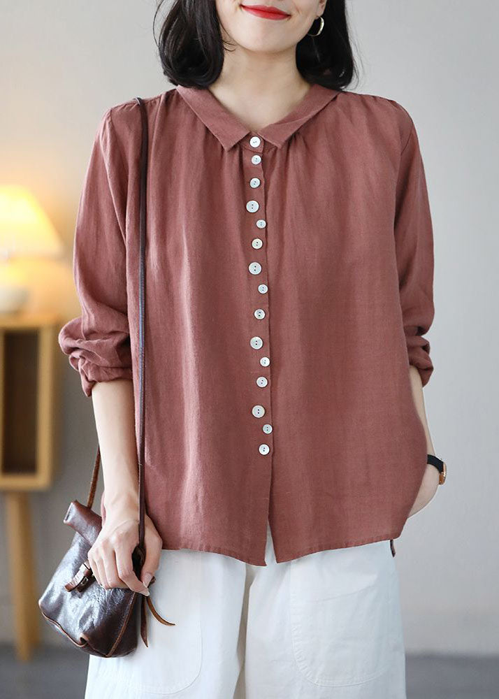 Solid Pink Linen Blouse Top Turn-down Collar Button Long Sleeve