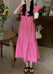 Solid Ruffle Backless Square Collar Casual Maxi Dress Pink