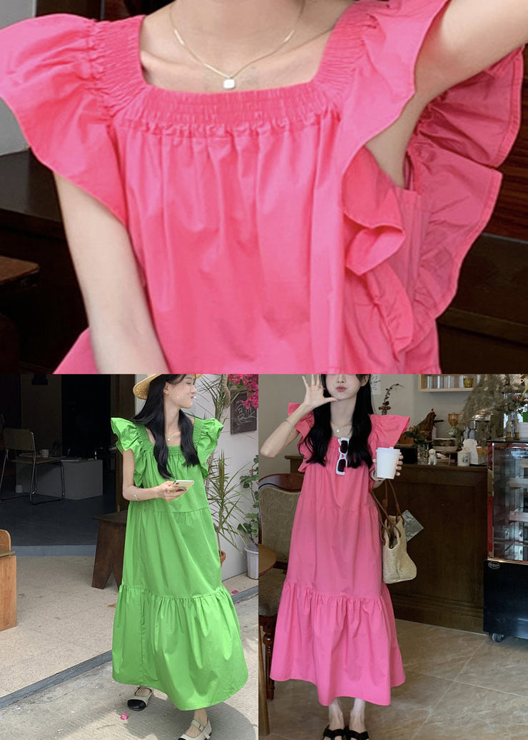 Solid Ruffle Backless Square Collar Casual Maxi Dress Pink