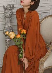 Solid Slit Tie Front Long Sleeve V Neck Casual Dress Caramel