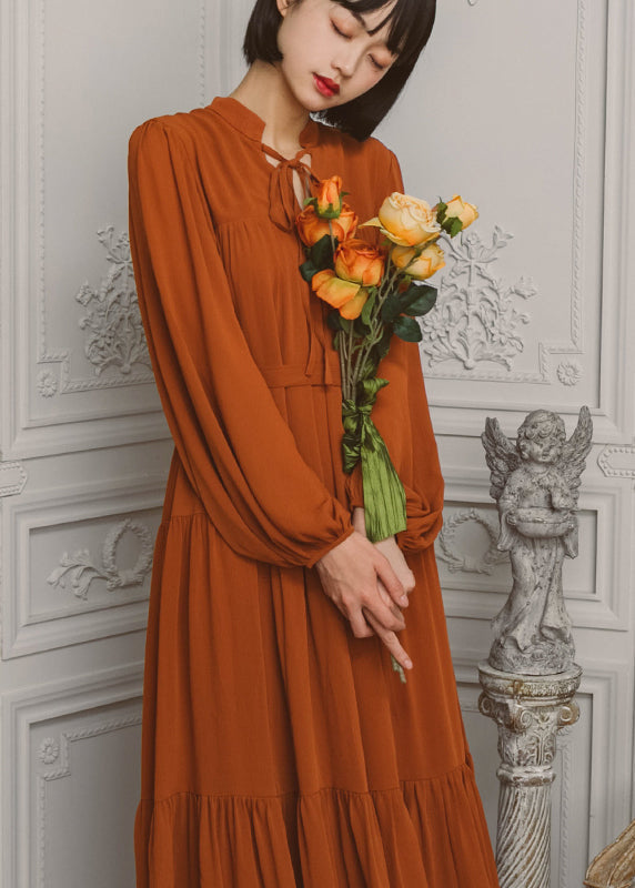 Solid Slit Tie Front Long Sleeve V Neck Casual Dress Caramel