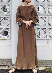 Solid Split Long Sleeve Round Neck Casual Maxi Dress Chocolate