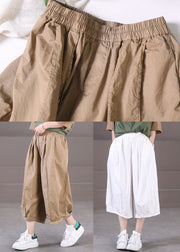 Solid White Cotton Wide Leg Pants Elastic Waist Wrinkled Summer