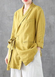 Solid Yellow Linen Coats Notched Collar Tie Waist Long Sleeve