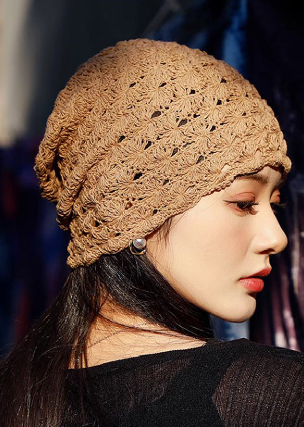 Spring And Autumn Retro Handmade Beige Hook Flower Hollow Knitted Hat