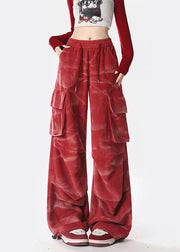 Spring Casual Red Tie Dyed Pocket Corduroy Straight Pants