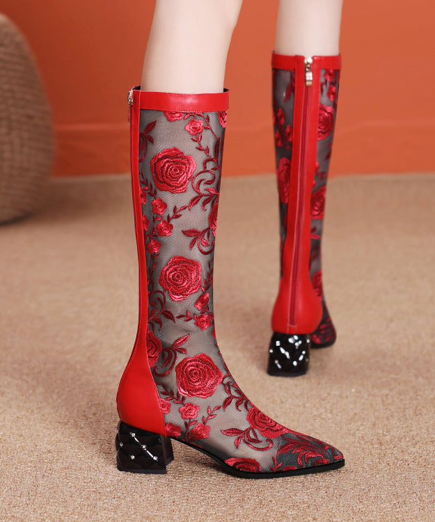 Spring Summer High Tube Embroidered Mesh Chunky Heel Boots