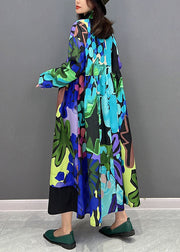 Streetwear Blue Print Patchwork Cotton Long Dresses Fall