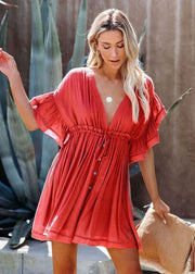 Streetwear Red Ruffled Off The back Cotton Dress Summer