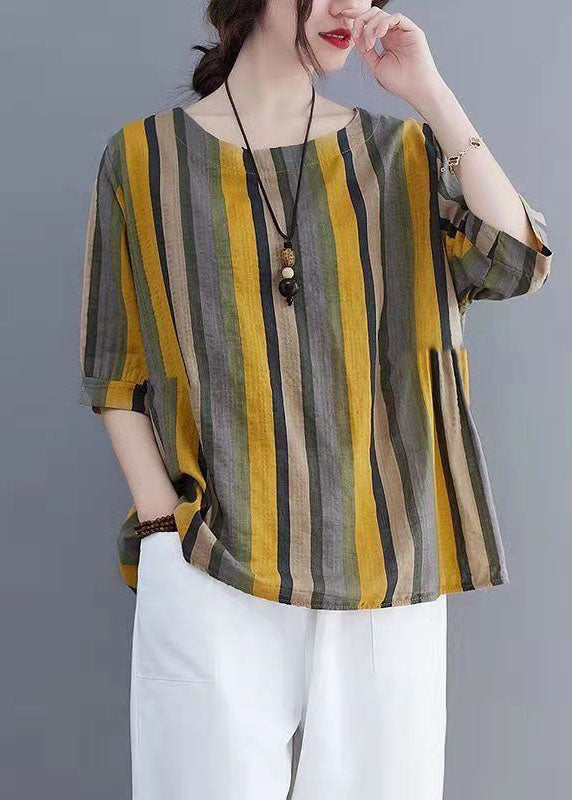 Striped Patchwork Linen T Shirt Tops O Neck Short Sleeve