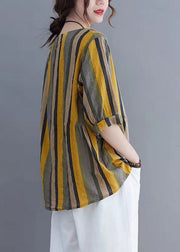 Striped Patchwork Linen T Shirt Tops O Neck Short Sleeve