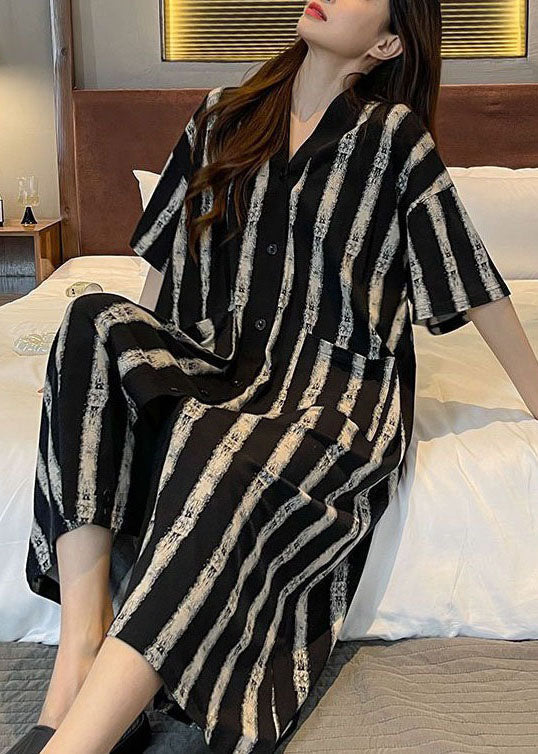 Striped Pockets Patchwork Cotton Pajamas Dress V Neck Summer