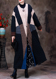 Style Apricot Black Colour Patchwork O-Neck Cotton Thick Long Coat Long Sleeve