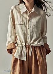 Style Apricot Peter Pan Collar Wrinkled Drawstring Shirt Fall