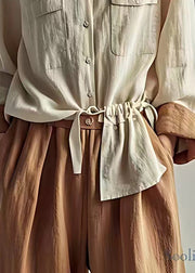 Style Apricot Peter Pan Collar Wrinkled Drawstring Shirt Fall