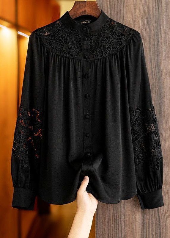 Style Apricot Stand Collar Embroideried Hollow Out Chiffon Shirt Long Sleeve