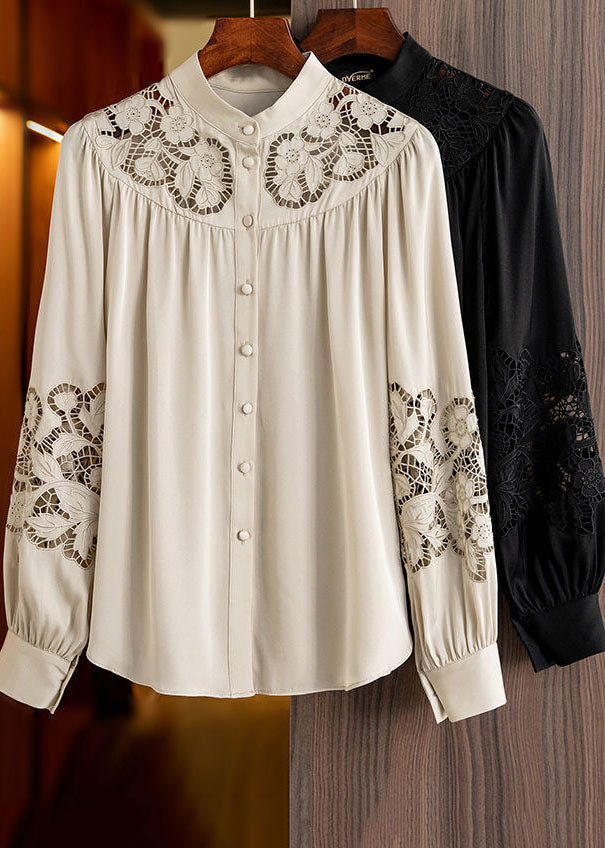 Style Apricot Stand Collar Embroideried Hollow Out Chiffon Shirt Long Sleeve