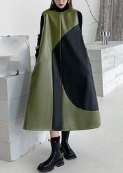 Style Army Green O-Neck Patchwork Zippered Party Long Waistcoat Dress Spring