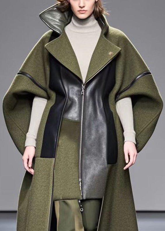 Style Army Green Oversized Patchwork Woolen Coat Outwear Fall