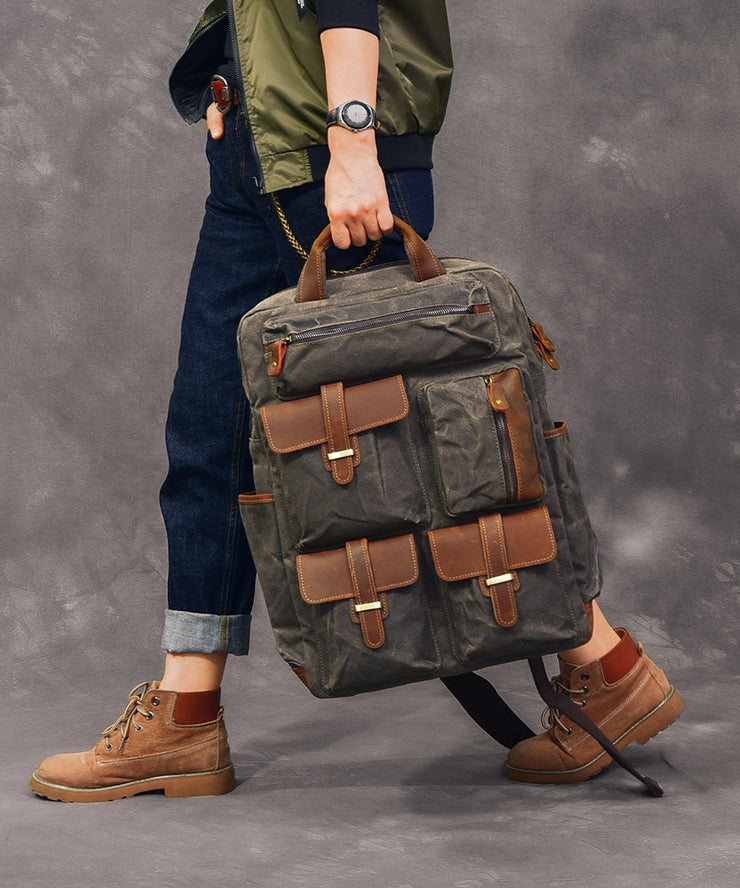 Style Army Green Pockets Cotton Backpack Bag