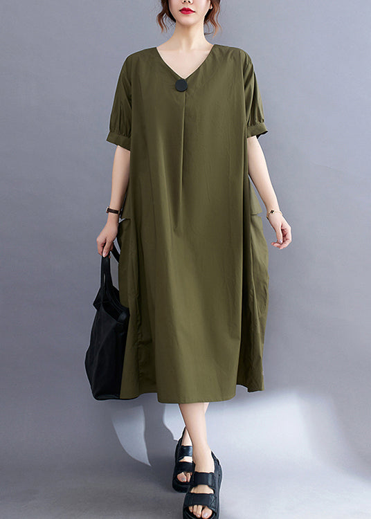 Style Army Green V Neck Pockets Cotton Long Dresses Summer