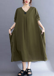 Style Army Green V Neck Pockets Cotton Maxi Dress Summer