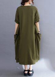 Style Army Green V Neck Pockets Cotton Maxi Dress Summer