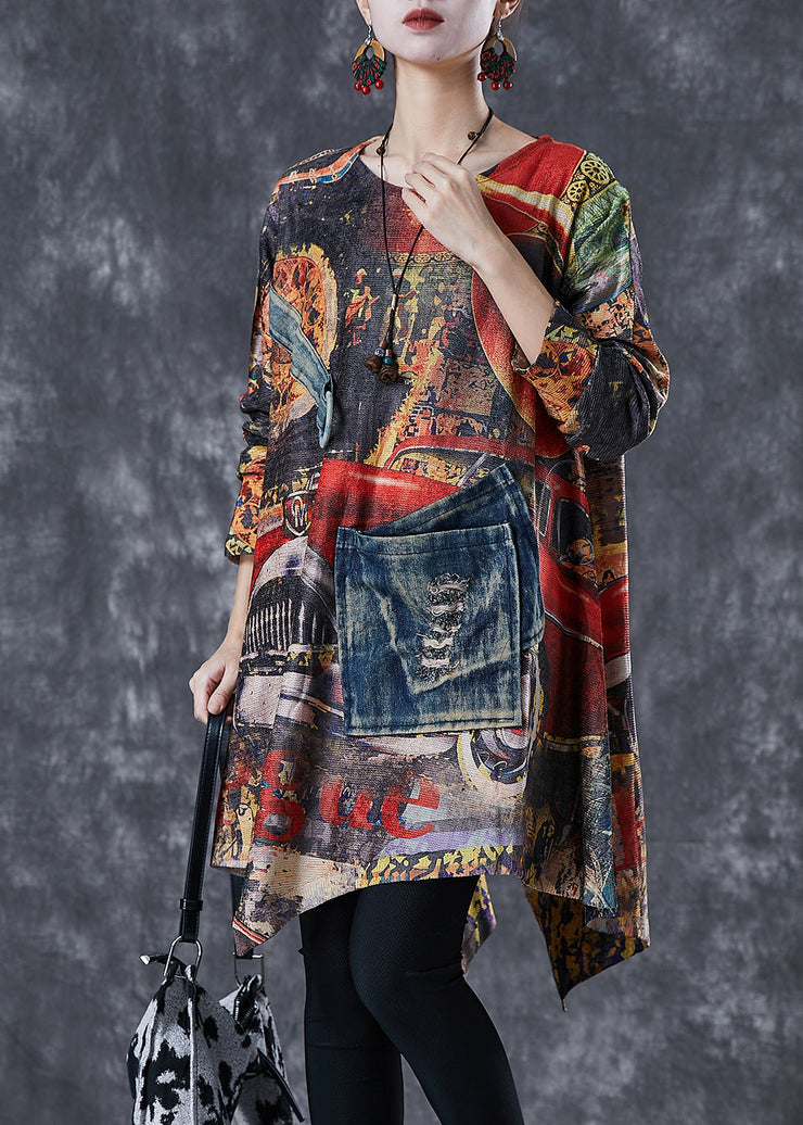 Style Asymmetrical Patchwork Tie Dye Knit Tops Fall