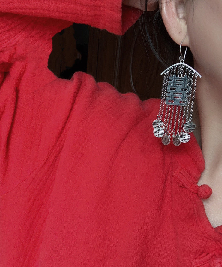 Style Baby Blue Silver Happy Word Tassel Drop Earrings