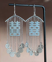 Style Baby Blue Silver Happy Word Tassel Drop Earrings