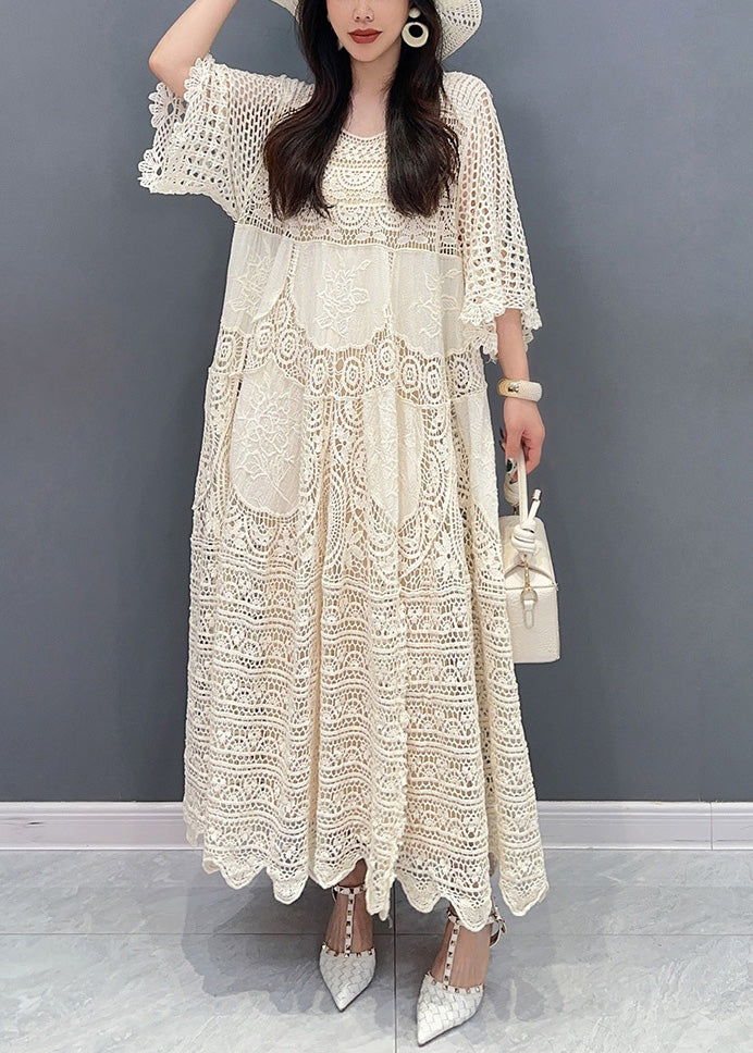 Style Beige O Neck Hollow Out Patchwork Lace Dress Summer