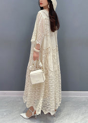 Style Beige O Neck Hollow Out Patchwork Lace Dress Summer