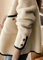 Style Beige O Neck Pockets Button Patchwork Wool Coats Winter