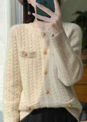 Style Beige O Neck Pockets Button Woolen Cardigans Winter