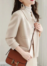 Style Beige Peter Pan Collar Patchwork Woolen Jacket Fall