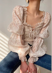 Style Beige Slash Neck Print Ruffles Sexy Blouse Top Long Sleeve